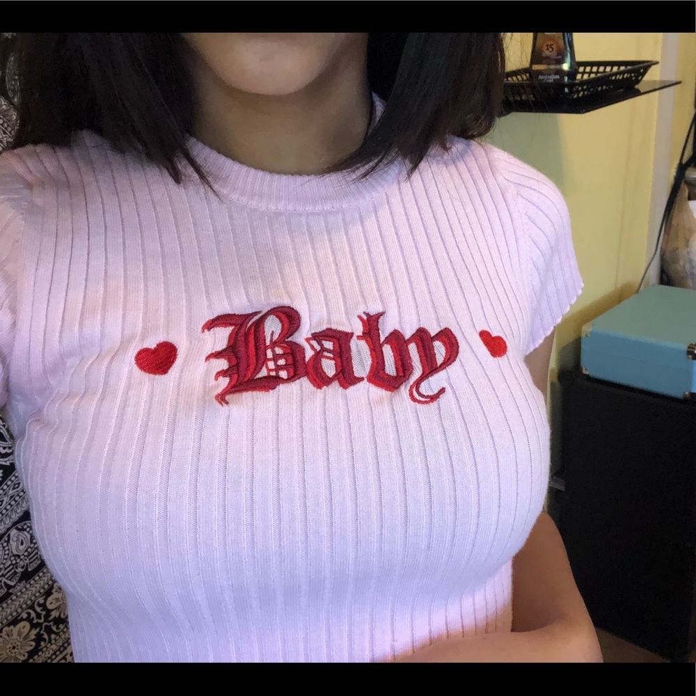BABY pink ribbed crop top tee shirt turtle neck